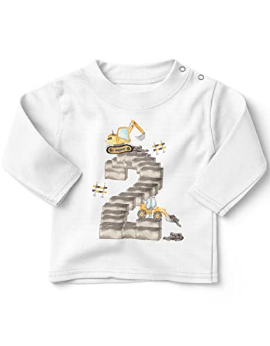 miKalino Baby/Kinder Longsleeve mit Spruch 2 - Bagger Geburtstag Langarm Shirt für Jungen und Mädchen | Geschenkidee, Farbe:Weiss, Grösse:92-98 von miKalino