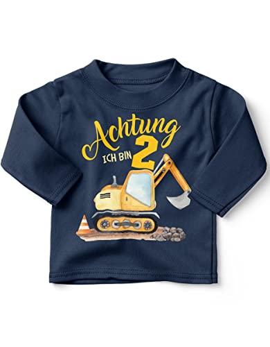 miKalino Baby/Kinder Longsleeve mit Spruch Achtung ich Bin Zwei 2 Bagger Schaufelbagger Langarm Shirt für Jungen und Mädchen | Geschenkidee, Farbe:Navy, Grösse:80-86 von miKalino