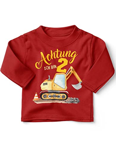 miKalino Baby/Kinder Longsleeve mit Spruch Achtung ich Bin Zwei 2 Bagger Schaufelbagger Langarm Shirt für Jungen und Mädchen | Geschenkidee, Farbe:rot, Grösse:92-98 von miKalino