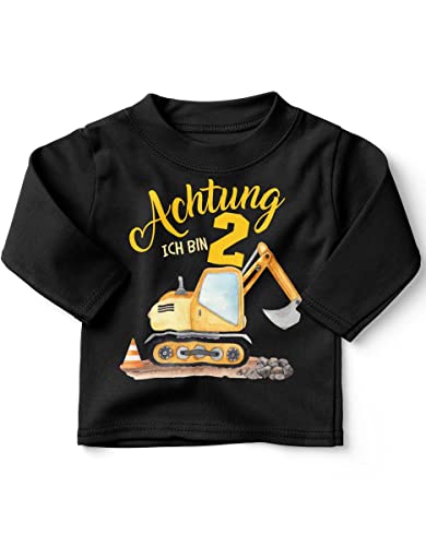 miKalino Baby/Kinder Longsleeve mit Spruch Achtung ich Bin Zwei 2 Bagger Schaufelbagger Langarm Shirt für Jungen und Mädchen | Geschenkidee, Farbe:schwarz, Grösse:92-98 von miKalino