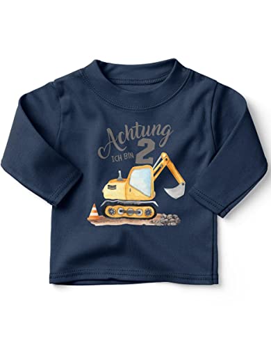 miKalino Baby/Kinder Longsleeve mit Spruch Achtung ich Bin Zwei - Bagger Langarm Shirt für Jungen und Mädchen | Geschenkidee, Farbe:Navy, Grösse:80-86 von miKalino