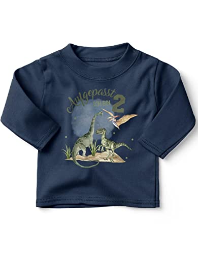 miKalino Baby/Kinder Longsleeve mit Spruch Aufgepasst ! Ich Bin 2 - Dinosaurier Langarm Shirt für Jungen und Mädchen | Geschenkidee, Farbe:Navy, Grösse:92-98 von miKalino