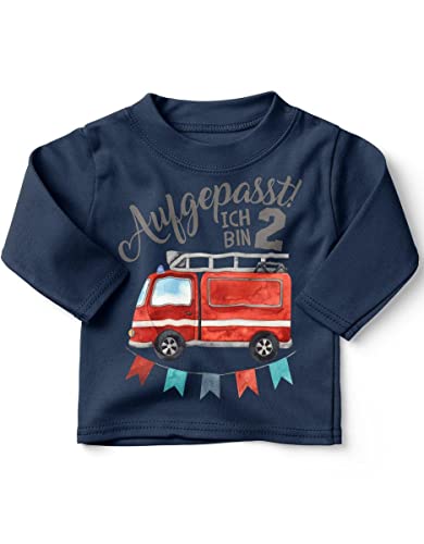 miKalino Baby/Kinder Longsleeve mit Spruch Aufgepasst ich Bin Zwei 2 Feuerwehrauto Langarm Shirt für Jungen und Mädchen | Geschenkidee, Farbe:Navy, Grösse:80-86 von miKalino