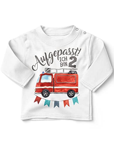 miKalino Baby/Kinder Longsleeve mit Spruch Aufgepasst ich Bin Zwei 2 Feuerwehrauto Langarm Shirt für Jungen und Mädchen | Geschenkidee, Farbe:Weiss, Grösse:92-98 von miKalino