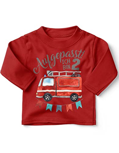 miKalino Baby/Kinder Longsleeve mit Spruch Aufgepasst ich Bin Zwei 2 Feuerwehrauto Langarm Shirt für Jungen und Mädchen | Geschenkidee, Farbe:rot, Grösse:92-98 von miKalino