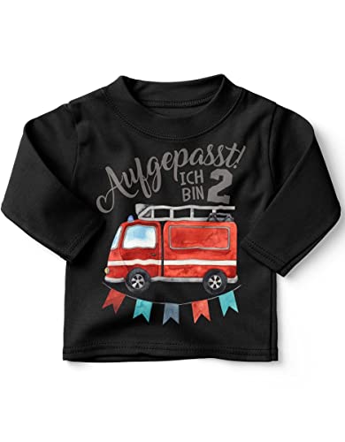 miKalino Baby/Kinder Longsleeve mit Spruch Aufgepasst ich Bin Zwei 2 Feuerwehrauto Langarm Shirt für Jungen und Mädchen | Geschenkidee, Farbe:schwarz, Grösse:80-86 von miKalino