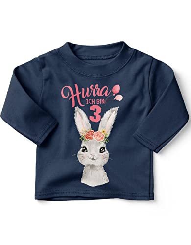 miKalino Baby/Kinder Longsleeve mit Spruch Hurra ich Bin DREI 3 Süßes Motiv zum dritten Geburtstag mit Hase Langarm Shirt für Mädchen | Geschenkidee, Farbe:Navy, Grösse:92-98 von miKalino