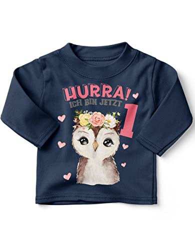 miKalino Baby/Kinder Longsleeve mit Spruch Hurra ich Bin Eins 1 Süßes Motiv zum ersten Geburtstag mit Einer Eule Langarm Shirt für Mädchen | Geschenkidee, Farbe:Navy, Grösse:80-86 von miKalino