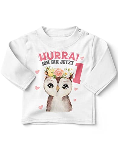 miKalino Baby/Kinder Longsleeve mit Spruch Hurra ich Bin Eins 1 Süßes Motiv zum ersten Geburtstag mit Einer Eule Langarm Shirt für Mädchen | Geschenkidee, Farbe:Weiss, Grösse:68-74 von miKalino