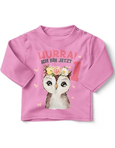 miKalino Baby/Kinder Longsleeve mit Spruch Hurra ich Bin Eins 1 Süßes Motiv zum ersten Geburtstag mit Einer Eule Langarm Shirt für Mädchen | Geschenkidee, Farbe:rosa, Grösse:80-86 von miKalino