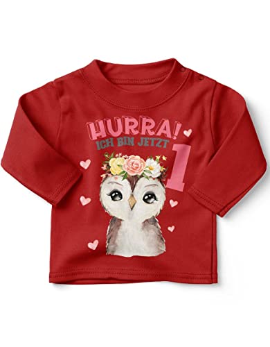 miKalino Baby/Kinder Longsleeve mit Spruch Hurra ich Bin Eins 1 Süßes Motiv zum ersten Geburtstag mit Einer Eule Langarm Shirt für Mädchen | Geschenkidee, Farbe:rot, Grösse:80-86 von miKalino