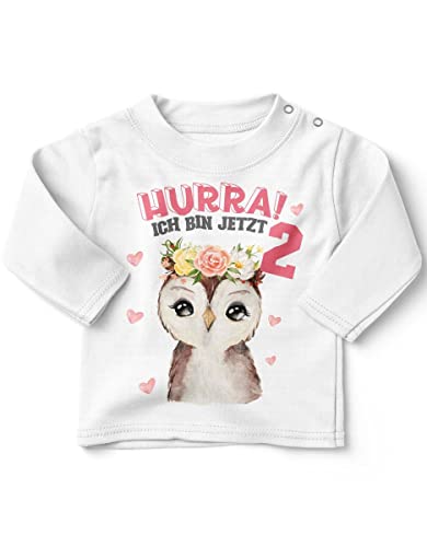 miKalino Baby/Kinder Longsleeve mit Spruch Hurra ich Bin Zwei 2 Süßes Motiv zum zweiten Geburtstag mit Einer Eule Langarm Shirt für Mädchen | Geschenkidee, Farbe:Weiss, Grösse:92-98 von miKalino