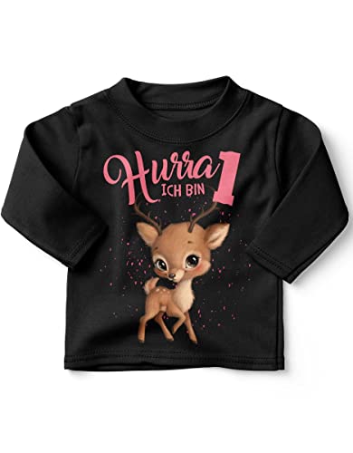 miKalino Baby/Kinder Longsleeve mit Spruch Ich Bin Eins 1 Süßes Rehkitz Langarm Shirt für Mädchen | Geschenkidee, Farbe:schwarz, Grösse:80-86 von miKalino