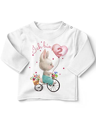 miKalino Baby/Kinder Longsleeve mit Spruch Ich Bin Zwei 2 Niedlicher Hase auf einem Fahrrad Langarm Shirt für Mädchen | Geschenkidee, Farbe:Weiss, Grösse:92-98 von miKalino