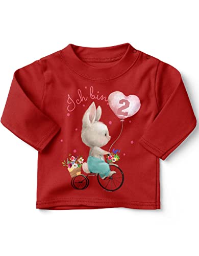 miKalino Baby/Kinder Longsleeve mit Spruch Ich Bin Zwei 2 Niedlicher Hase auf einem Fahrrad Langarm Shirt für Mädchen | Geschenkidee, Farbe:rot, Grösse:92-98 von miKalino