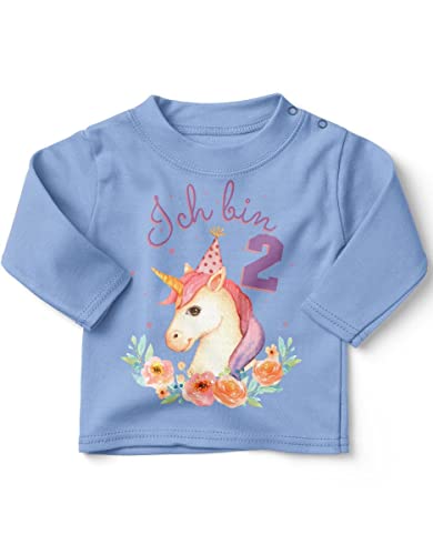 miKalino Baby/Kinder Longsleeve mit Spruch Ich Bin Zwei 2 Niedliches Einhorn mit Geburtstagshut zum zweiten Geburtstag Langarm Shirt für Mädchen | Geschenkidee, Farbe:Sky, Grösse:92-98 von miKalino