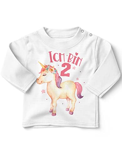 miKalino Baby/Kinder Longsleeve mit Spruch Ich Bin Zwei 2 Süßes Einhornmotiv zum zweiten Geburtstag Langarm Shirt für Mädchen | Geschenkidee, Farbe:Weiss, Grösse:92-98 von miKalino