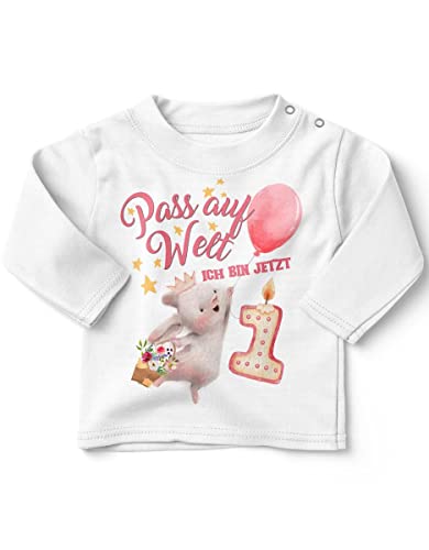 miKalino Baby/Kinder Longsleeve mit Spruch Pass auf Welt Ich Bin jetzt Eins 1 Hase mit Herzluftballon Langarm Shirt für Mädchen | Geschenkidee, Farbe:Weiss, Grösse:68-74 von miKalino