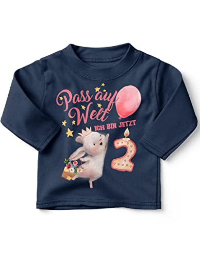 miKalino Baby/Kinder Longsleeve mit Spruch Pass auf Welt Ich Bin jetzt Zwei 2 Hase mit Herzluftballon Langarm Shirt für Mädchen | Geschenkidee, Farbe:Navy, Grösse:80-86 von miKalino