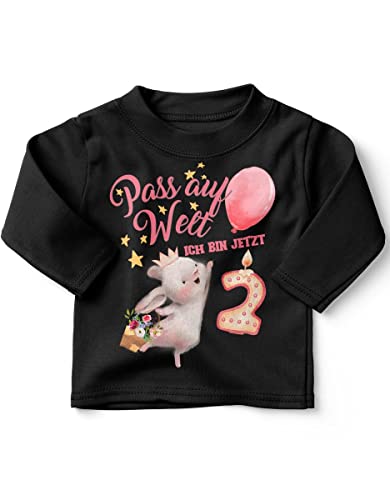 miKalino Baby/Kinder Longsleeve mit Spruch Pass auf Welt Ich Bin jetzt Zwei 2 Hase mit Herzluftballon Langarm Shirt für Mädchen | Geschenkidee, Farbe:schwarz, Grösse:92-98 von miKalino