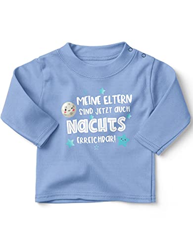 miKalino Baby/Kinder Longsleeve mit Spruch für Jungen Mädchen Unisex Langarm Meine Eltern sind jetzt auch nachts erreichbar | handbedruckt in Deutschland, Farbe:Sky, Grösse:68-74 von miKalino