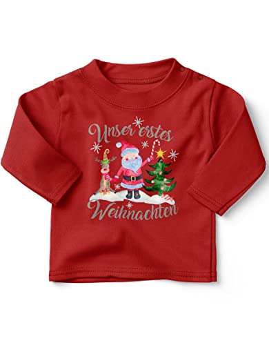 miKalino Baby/Kinder Longsleeve mit Spruch für Jungen Mädchen Unisex Langarm Unser erstes Weihnachten | handbedruckt in Deutschland, Farbe:rot, Grösse:80-86 von miKalino