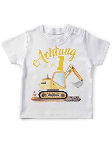 miKalino Baby/Kinder T-Shirt mit Spruch Achtung ich Bin Eins 1 Bagger Schaufelbagger Kurzarm Shirt für Mädchen | Geschenkidee, Farbe:Weiss, Grösse:80-86 von miKalino