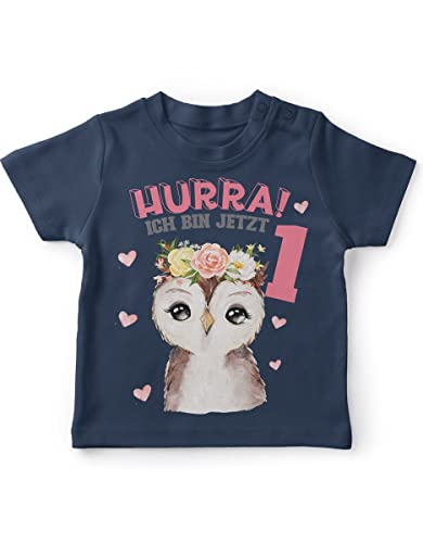 miKalino Baby/Kinder T-Shirt mit Spruch Hurra ich Bin Eins 1 Süßes Motiv zum ersten Geburtstag mit Einer Eule Kurzarm Shirt für Mädchen | Geschenkidee, Farbe:Navy, Grösse:80-86 von miKalino