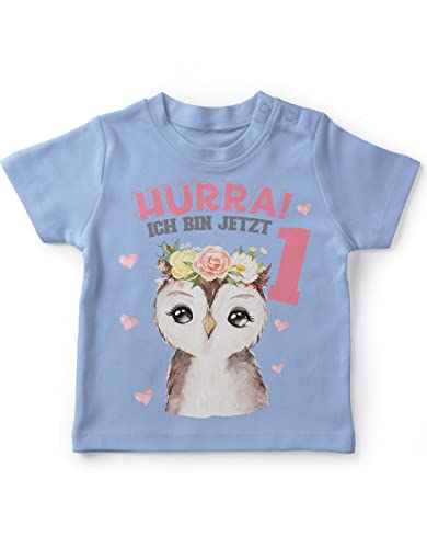 miKalino Baby/Kinder T-Shirt mit Spruch Hurra ich Bin Eins 1 Süßes Motiv zum ersten Geburtstag mit Einer Eule Kurzarm Shirt für Mädchen | Geschenkidee, Farbe:Sky, Grösse:80-86 von miKalino