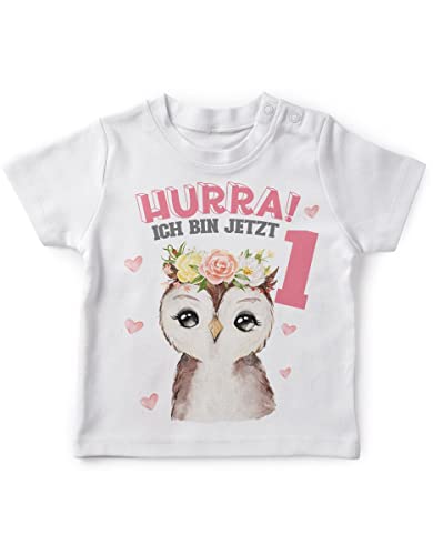 miKalino Baby/Kinder T-Shirt mit Spruch Hurra ich Bin Eins 1 Süßes Motiv zum ersten Geburtstag mit Einer Eule Kurzarm Shirt für Mädchen | Geschenkidee, Farbe:Weiss, Grösse:92-98 von miKalino