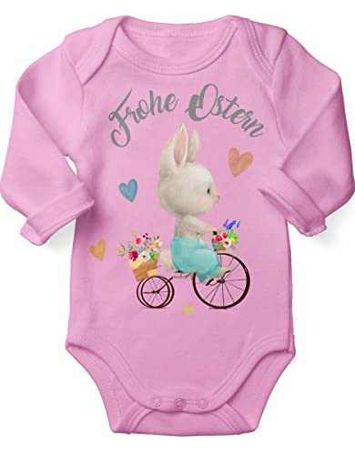 miKalino Babybody mit Spruch Frohe Ostern - Hase Fahrrad | Langarm Strampler für Jungen und Mädchen | Geschenkidee, Farbe:rosa, Grösse:56 von miKalino