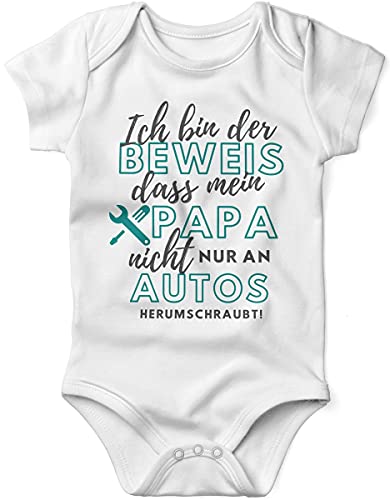 miKalino Babybody mit Spruch für Jungen Mädchen Unisex kurzarm Ich bin der Beweis, dass Papa nicht nur an Autos herumschraubt | handbedruckt in Deutschland, Farbe:weiss, Grösse:62 von miKalino