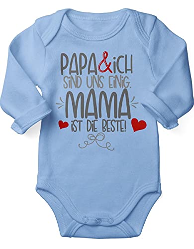 miKalino Babybody mit Spruch für Jungen Mädchen Unisex Langarm Papa & ich sind uns einig Mama ist die Beste | handbedruckt in Deutschland, Farbe:sky, Grösse:56 von miKalino