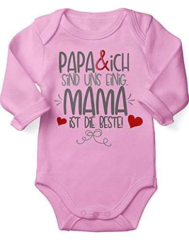 miKalino Babybody mit Spruch für Jungen Mädchen Unisex Langarm Papa & ich sind uns einig Mama ist die Beste | handbedruckt in Deutschland, Farbe:rosa, Grösse:68 von miKalino