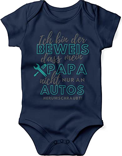 miKalino Babybody mit Spruch für Jungen Mädchen Unisex kurzarm Ich bin der Beweis, dass Papa nicht nur an Autos herumschraubt | handbedruckt in Deutschland, Farbe:navy, Grösse:68 von miKalino