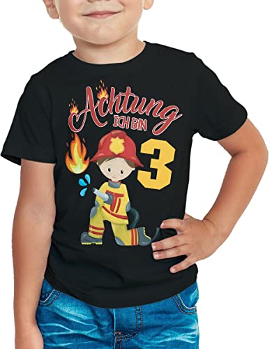 miKalino Kinder T-Shirt Achtung ich Bin 3 DREI Feuerwehr Kurzarm Shirt für Jungen und Mädchen | Geschenkidee, Farbe:schwarz, Grösse:104 von miKalino