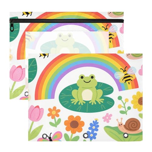Binder-Federmäppchen, bezaubernder Stifthalter für A4-Papier, Briefe, 2 Stück, Studenten, College-Zubehör, kindliche Illustration, Frosch, Schmetterling, Regenbogenblume, Biene, bunte Cartuchera Para von miaozhen