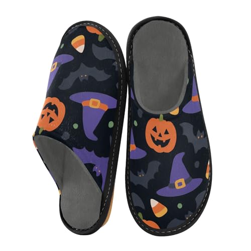 Damen-Hausschuhe, Cartoon, Halloween, magische Hüte, Jack-o'-Laternen und Fledermäuse, Hausschuhe für Damen, Memory-Schaum, warme Hausschuhe für Damen, Zimmer-Hausschuhe, Größe 39,5 von miaozhen