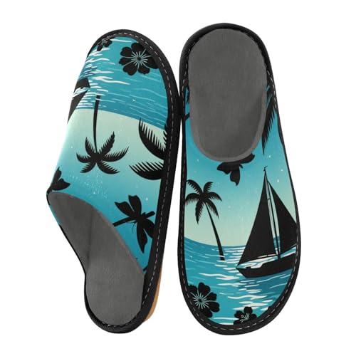 Damen-Hausschuhe, Motiv: Nacht, Meer, Baum, Wildschwein, schwarze Hausschuhe für Damen, Innenschläfer, Hausschuhe für Damen, gemütliche Damen-Hausschuhe, Größe 39,5 von miaozhen