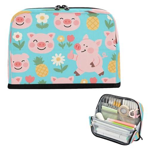 Federmäppchen mit großem Fassungsvermögen, schmaler Aufbewahrungs-Organizer für adrette Schulbedarf, lustiges Schwein, rosa und blau, Tier, bolsa de maquillaje para mujer von miaozhen