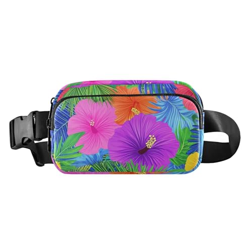 Gürteltasche im hawaiianischen Stil, tropische Blumen, Palmenblätter, leuchtende Neonfarben, modische Bauchtasche für Damen und Herren, wasserabweisend, mit verstellbarem Riemen, für Reisen, Laufen, von miaozhen