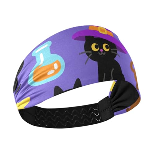 Niedliche schwarze Katzen für Halloween, feuchtigkeitsableitende Workout-Stirnbänder für Damen, elastische Haarbänder für Damenhaar, für athletische Sportarten, Fitnessstudio, Waschen, Gesicht, Tennis von miaozhen