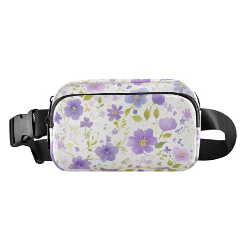 Stilvolle Bauchtasche für Damen und Herren, wasserabweisend, mit verstellbarem Riemen, für Radfahren, Wandern, Fitnessstudio, Wasserfarben, violette Blumen und weiße grüne Blätter, Aquarell lila Blume von miaozhen
