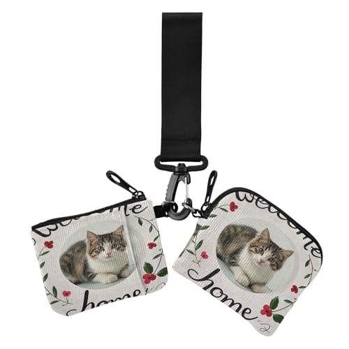 Welcome Home Cute Cartoon Cat Damen Kleingeldbörse Kartenetuis Kleine Tragbare Kreditkarten-Brieftasche Etui mit Reißverschluss Münzfach für Reisen 2 Stück de mujer para tarjetas, Welcome Home von miaozhen