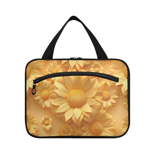 miaozhen 3D Floral Sunflower Mandelgelb hängende Reise-Kulturbeutel für Herren mit Haken, Designer Uni für Kreuzfahrt, Reise, estuche de maquillaje para mujer L, 3D-Blumen-Sonnenblume, Mandelgelb von miaozhen