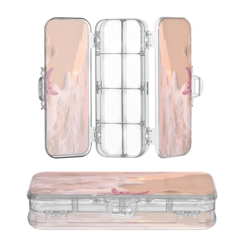 miaozhen Aufbewahrungsbox für Bleistifte, transparent, doppellagig, Sonnenuntergang, Strand, Landschaft, Seestern, Muscheln, Stifte, Aufbewahrungsbox für Schreibwaren, mit Schnappverschluss und Deckel von miaozhen
