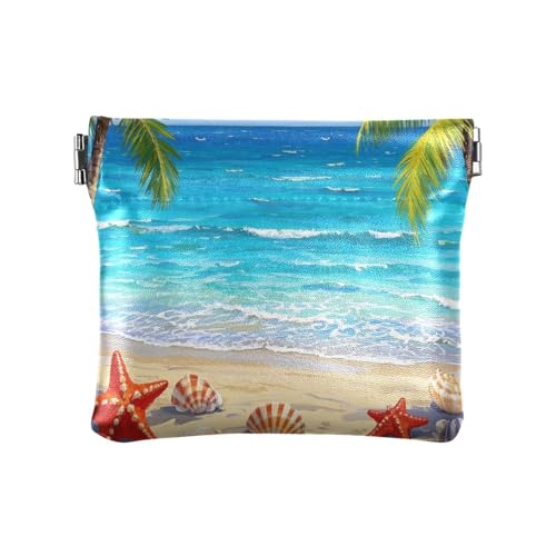 miaozhen Bolsa Pequena Para Monedas Strandlandschaft Seestern Muscheln Kokosnussbäume Kleingeldhalter Karten-Organizer wasserdichte Make-up-Tasche Kleingeld Geldbörse für Damen, Strandlandschaft von miaozhen