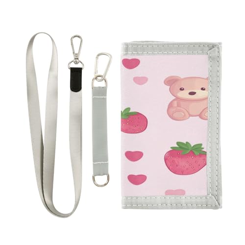 miaozhen Cartoon-Geldbörse mit süßem rotem Erdbeerbär, dreifach gefaltet, Geschenke für junge minimalistische, legere dreifach gefaltete Geldbörse mit Umhängeband, Cartera Para Hombre, Niedlicher von miaozhen