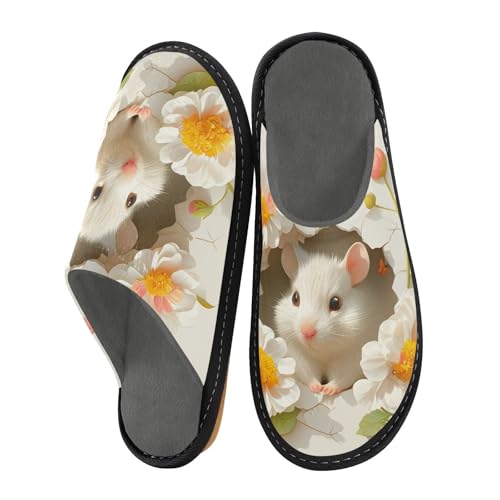 miaozhen Damen-Hausschuhe, Blume, weißer Hamster, für den Innenbereich, Memory-Schaum, Hausschuhe, Bettpantoffeln für Damen, Größe 39,5 von miaozhen