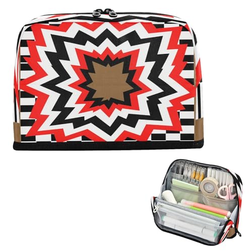 miaozhen Federmäppchen, großes Fassungsvermögen, Federmäppchen, mehrere Fächer, Organizer-Box für Herren, Schule, Must-Haves, geometrisches kariertes Loch, Schwarz / Rot, estuche para lapices nina von miaozhen